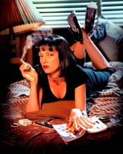 Pulp Fiction classic image Uma Thurman smoking lying on bed 8x10 inch photo