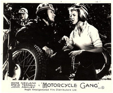 Motorcycle Gang 1957 Anne Neyland with helmet on beside bikes 8x10 photo