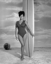 Raquel Welch surf's up in swimsuit posing with surfboard 1960's era 8x10 photo