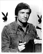 Hugh Hefner 1970's in denim shirt at Playboy event 8x10 inch photo