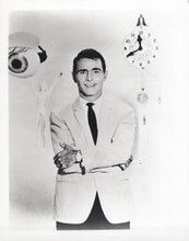 Rod Serling poses against Twilight Zone backdrop 8x10 inch photo