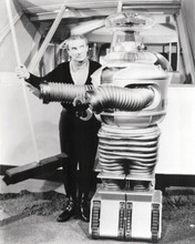 Lost in Space Jonathan Harris with broom and Robot outside Jupiter 2 8x10 photo