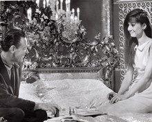 Paris When it Sizzles 8x10 photo Hepburn and Holden play chess on bed smiling