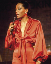 Diana Ross performs on stage 1970's in red silk outfit holding mike 8x10 photo