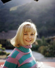 Carol Lynley 1965 smiling portrait in striped sweater 8x10 inch photo