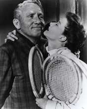 Pat and Mike 1952 Katharine Hepburn with raquets hugs Spencer Tracy 8x10 photo