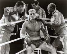Dolph Lundgren as Ivan Drago sits in boxing ring corner 1985 Rocky IV 8x10 photo