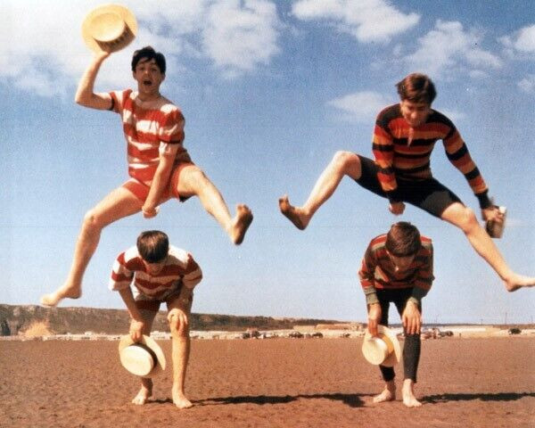 The Beatles on Weston Super Mare beach in Victorian swimsuits 1963