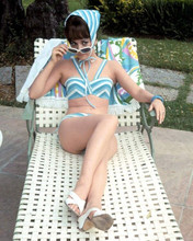 Natalie Wood 1966 in striped chevron bikini recling on pool lounger 8x10 photo