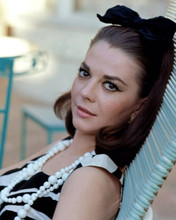 Natalie Wood in black striped dress & pearls sits on pool chair 1968 8x10 photo