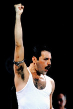 Freddie Mercury iconic in white sleeveless shirt fist in the air 8x10 photo