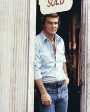 Burt Reynolds in jeans & blue shirt 1973 White Lightening 8x10 inch real photo