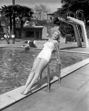 Marilyn Monroe in white swimsuit posing by ladder of pool 8x10 inch photo