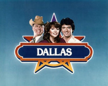 Dallas Larry Hagman Victoria Principal Patrick Duffy with show logo 8x10 photo