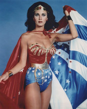 Lynda Carter iconic vintage 8x10 inch photo with American flag as Wonder Woman