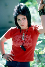 Joan Jett young pose wearing Runaways t-shirt classic 1980's 8x10 photo