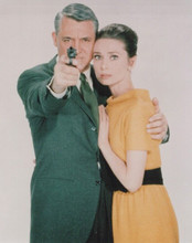 Charade 1963 Cary Grant points gun holding Audrey Hepburn vintage 8x10 photo