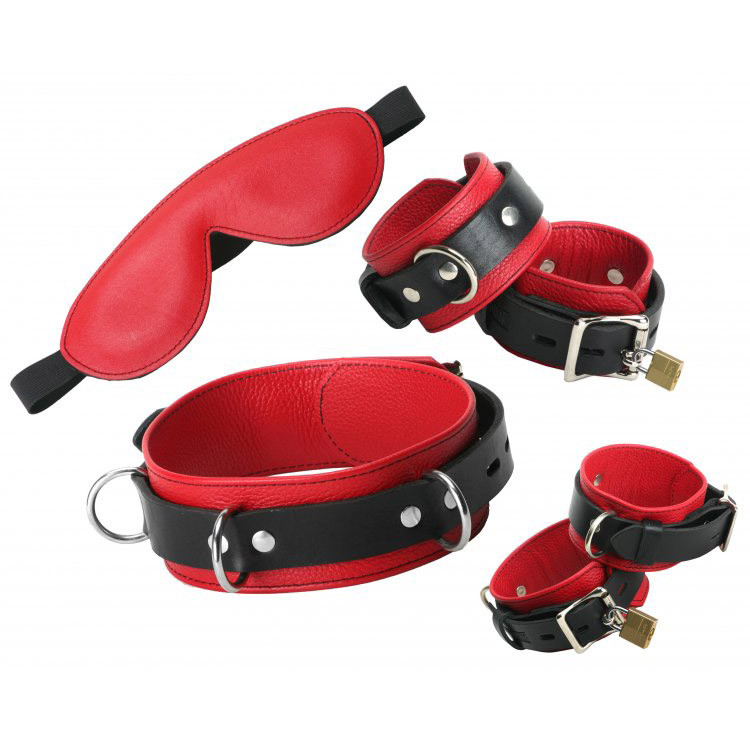 Strict Leather Red Premium Leather Bondage Essentials Kit With Padded Blindfold Dallas Novelty