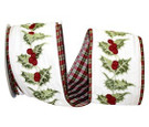 Wired Embroidered Holly with A Plaid Back | 4 Inches Wide | 10 Yards