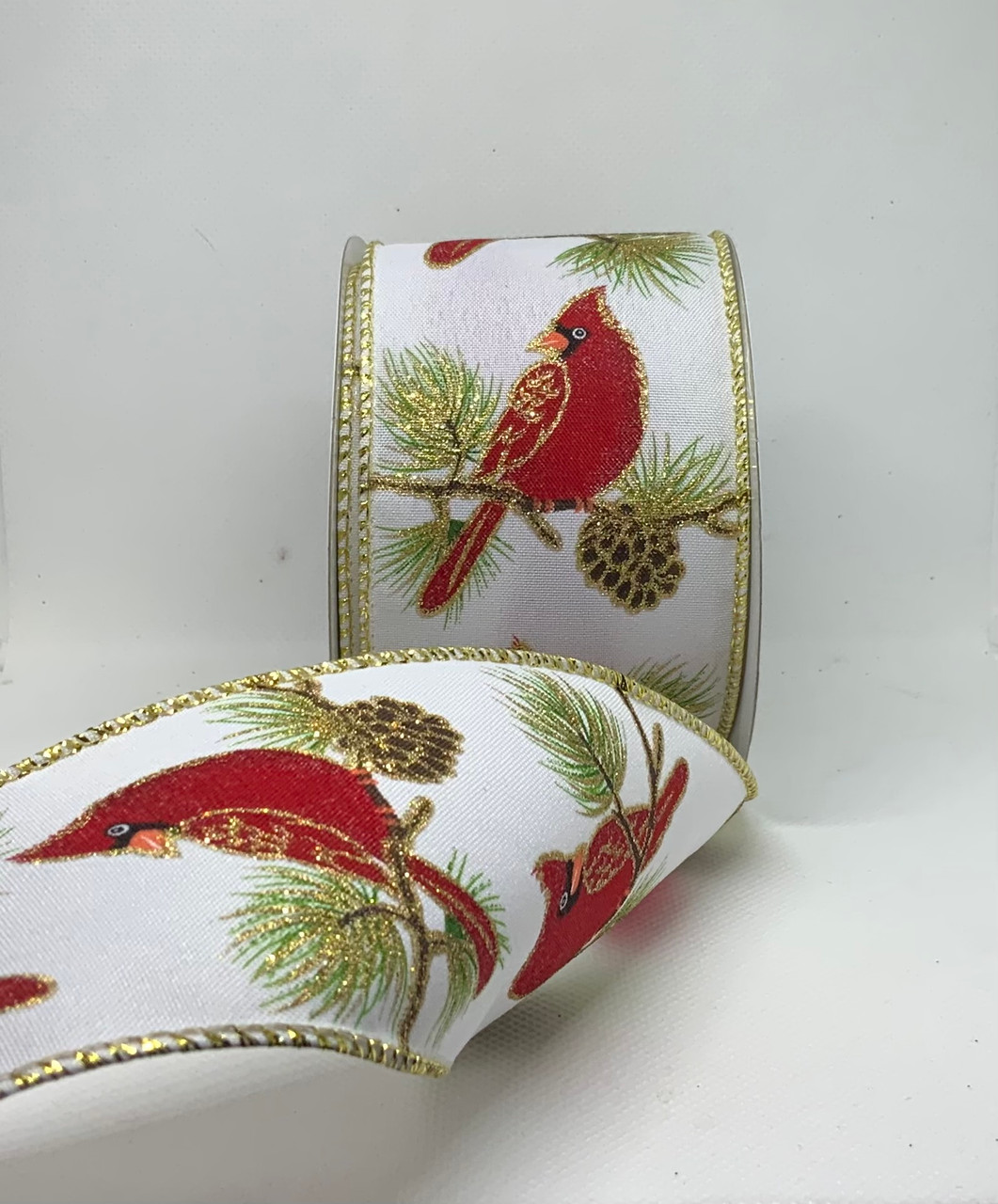 Wired Cardinal Pinecone Perch Ribbon | 2.5 Inches Wide | 10 Yards