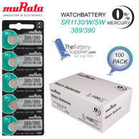 100 pcs Murata SR1130W/SR1130SW, 389/390, Silver Oxide Watch Battery Made in Japan - Replaces Sony