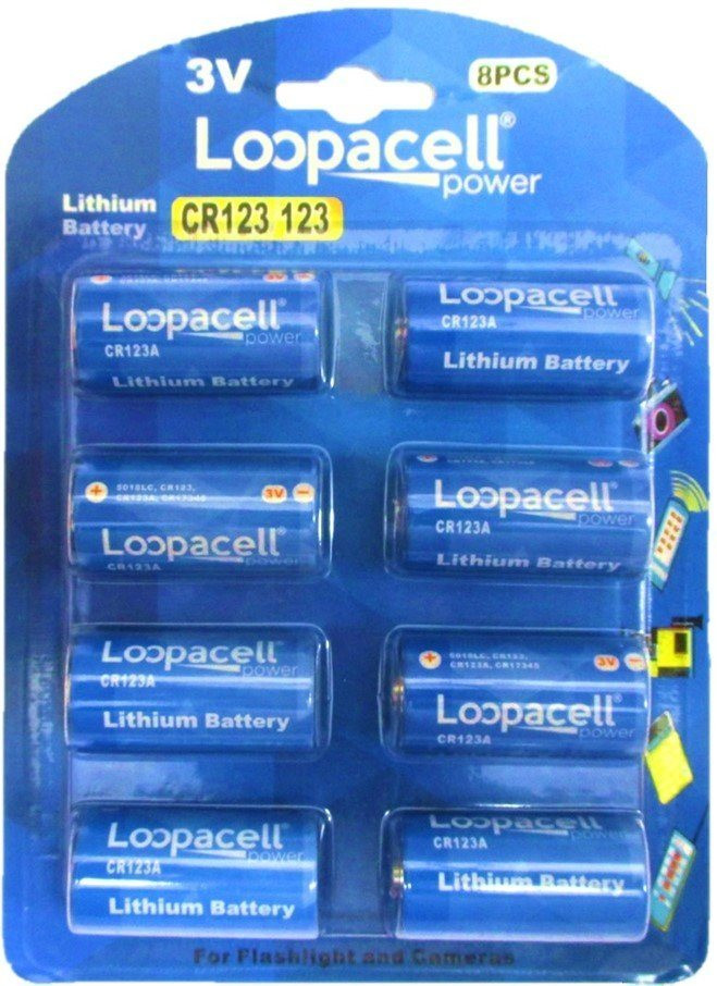Loopacell 8 Pk CR123 3V battery, for Flashlight and Cameras