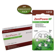 Zenipower Size A312 Zinc Air Hearing Aid Batteries 600 Wholesale Pack