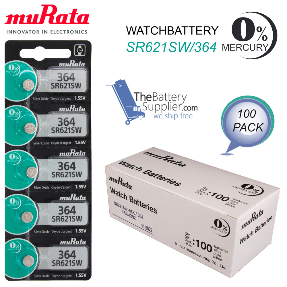 Murata SR621SW 364 23mAh 1.55V Silver Oxide Watch Battery 100 Pack 