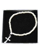 Child Bracelet: Pearl Finish 3mm Beads & Cross(JE2975W)