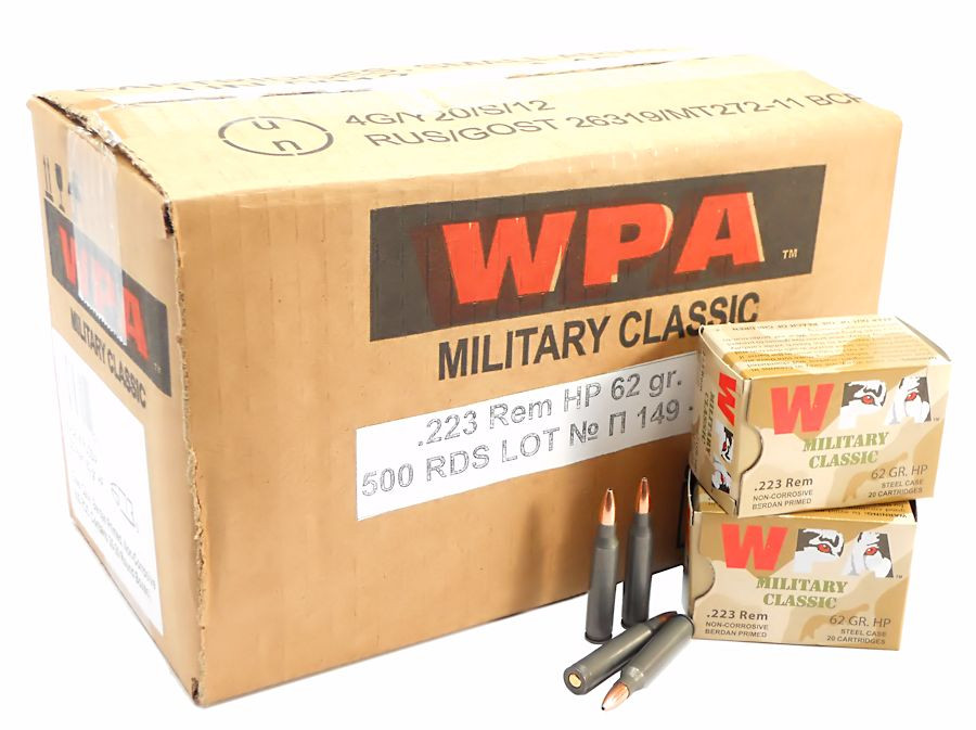223 5.56x45 Ammo 62gr HP Wolf Military Classic 500 Round Case ...