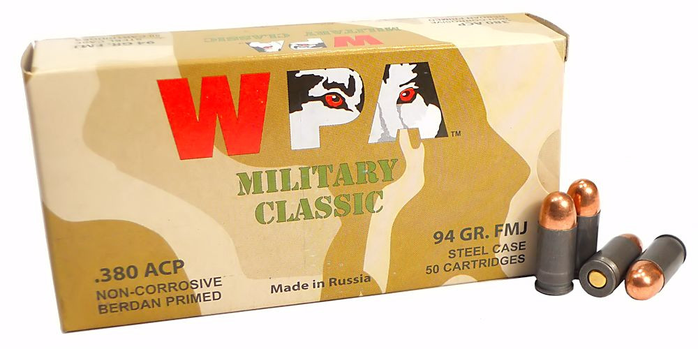 380 ACP 9x17 Ammo 94gr FMJ Wolf WPA Military Classic 50 Round Box ...