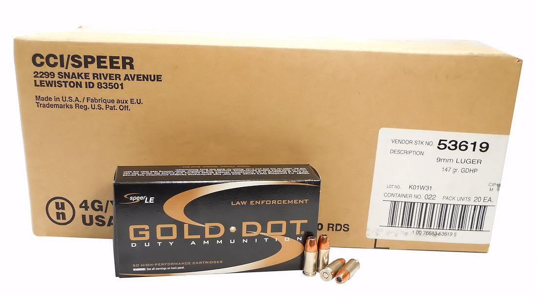 9mm 9x19 Ammo 147gr GDHP Speer Gold Dot (53619) 50 Round Box
