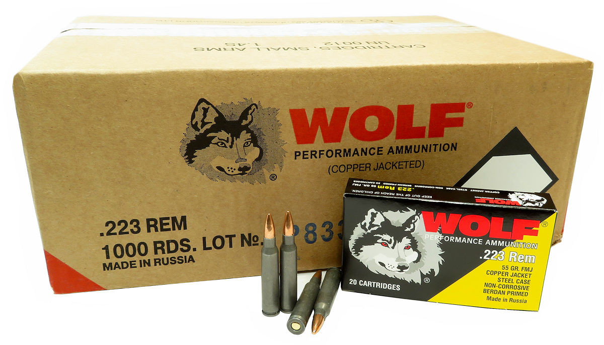223 5.56x45 Ammo 55gr FMJ (Copper Jacket) Wolf Performance 1000 Round ...