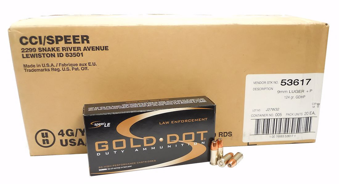9mm 9x19 Ammo 124gr +P GDHP Speer Gold Dot (53617) 250 Rounds