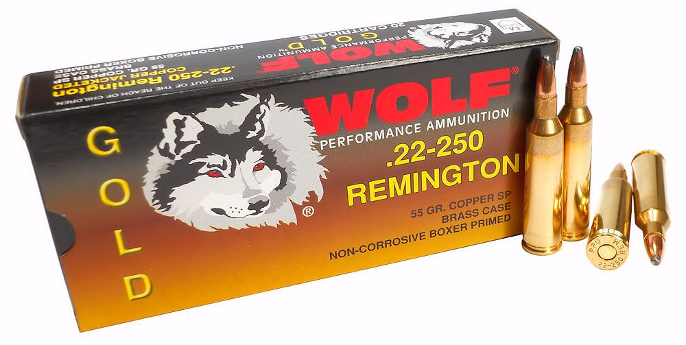 22 250 remington 55gr sp wolf gold 20 round box