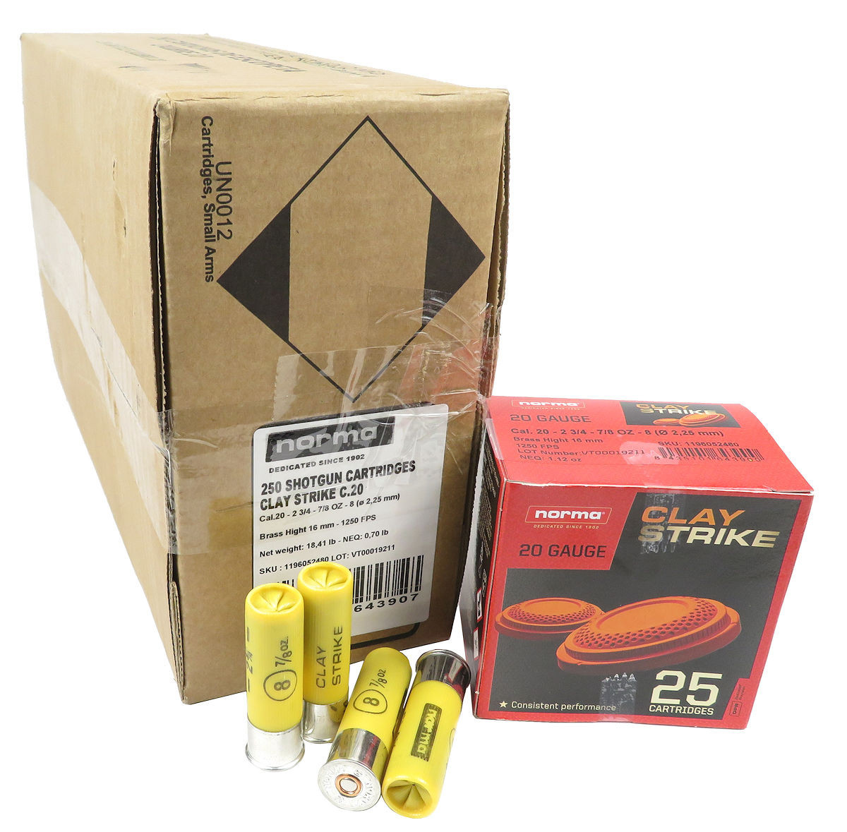 20 Gauge Ammo 2 3/4" 8 Shot 7/8 oz. Norma Clay Strike 250 Round Case