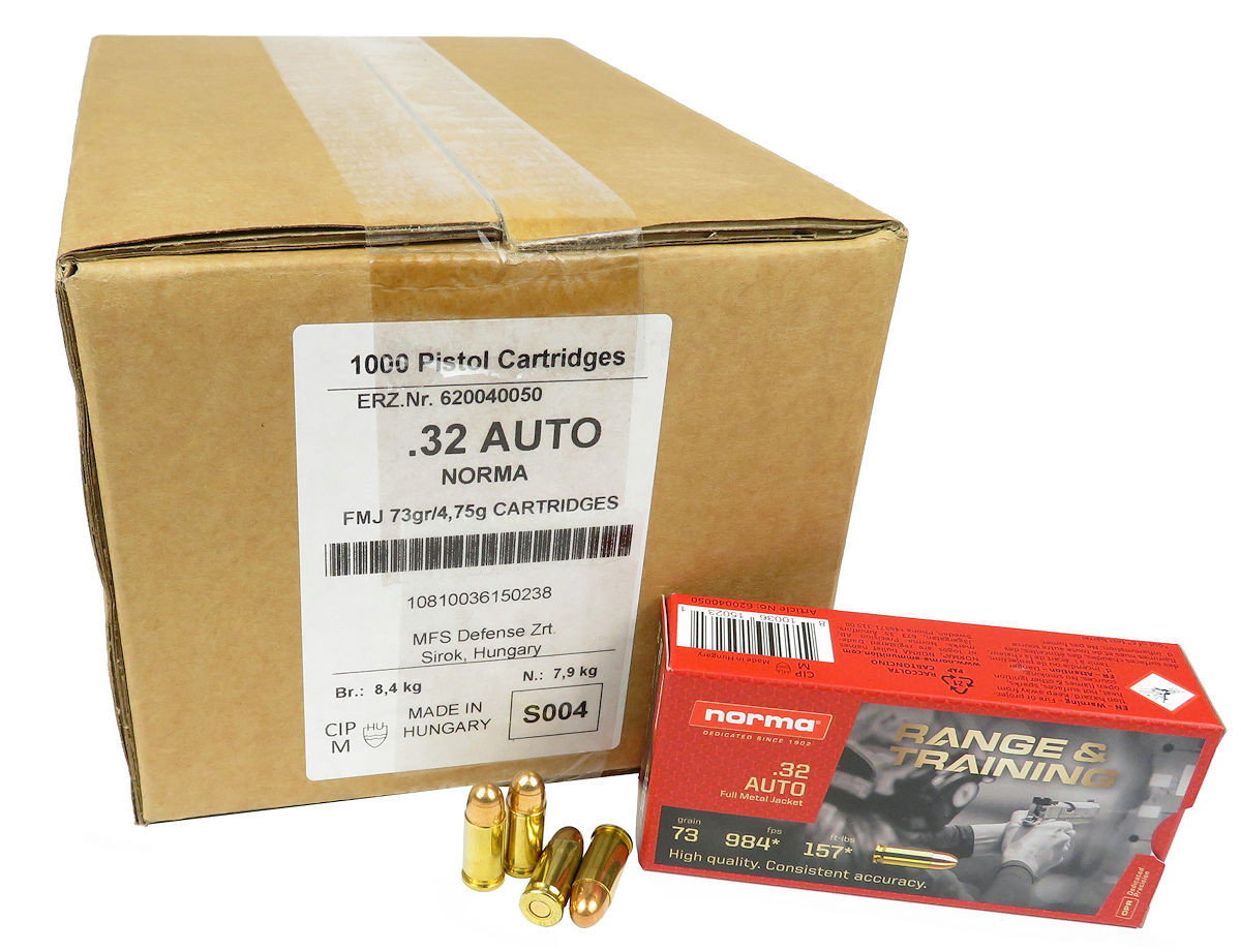 32 ACP Ammo 73gr FMJ Norma Range & Training 1000 Round Case