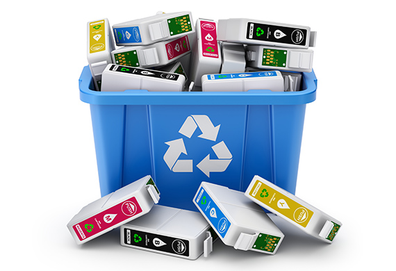 recycling bin with printer cartridges