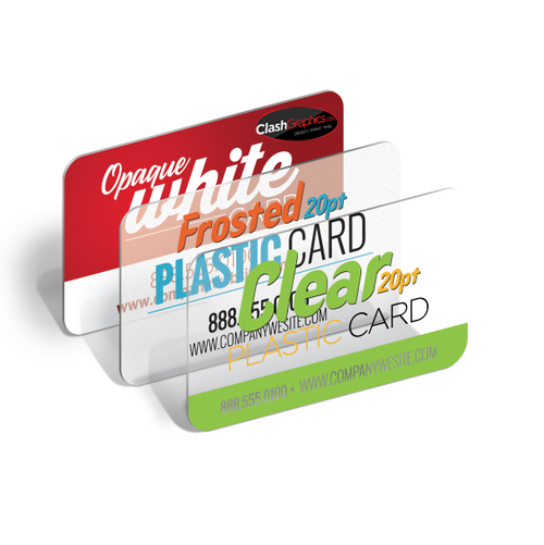 Our Clear business cards are printed on 20pt plastic full color one sided. 