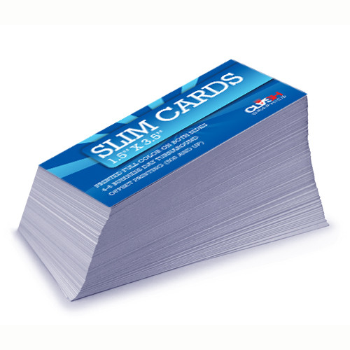 Our Slim Cards are size at 3.625x1.625 and cut down to 1.5X3.5. Our thick 16pt card stock make for a very sturdy card. Choose from High Gloss UV or a Matte finish. the turnaround for the slim cards is 4-6 days including shipping.