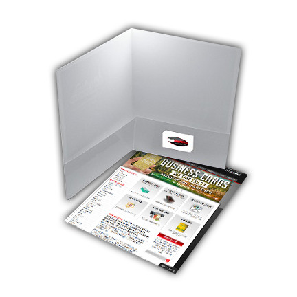 Our Rush Presentation Folder printing is produced in Atlanta on 12pt card stock. The inside flaps have optional business cards slits and are not printable. 