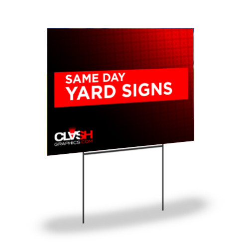 Same day yard sign printing in Atlanta Georgia. Printed on coroplast material will have to be oriented appropriately to ensure the flutes are vertical, in the case of utilizing an H-stake with the sign. H-stake is best used on a soft ground environment (dirt/soil/grass, etc.) This product once printed, may show a linear effect due to its corrugated flute structure. Ink is UV Cured (dried).

