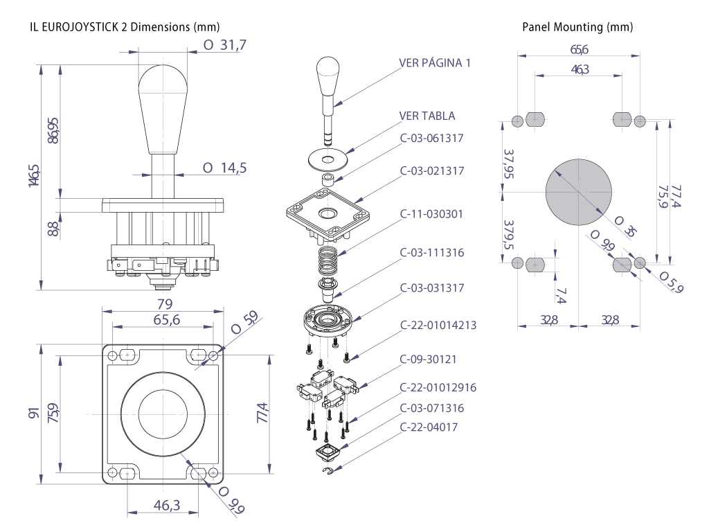 Joystick lever specifications and measurements