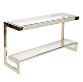 Worlds Away Noho Low Console in Nickel Plate with Clear Glass Shelves