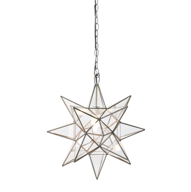 SMALL CLEAR STAR CHANDELIER.

- ONE (1) 60W BULB
- 3' OF ANTIQUE BRASS CHAIN & CANOPY INCLUDED.
- ADDITIONAL CHAIN MAY BE PURCHASED UPON REQUEST.
COLOR: Clear

DIMENSIONS: 12"DIA