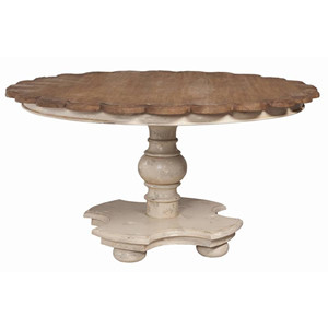 Crossroads Rosa table base with Natural Aged Stain on scalloped table top.
30" High
56" round