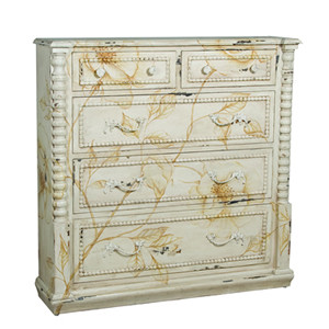 Vintage Blanc with subtle ochre floral and vine artwork hand-painted on solid wood chest with spindle trim. Finished hardware.
48" High
 48" Wide
12" Deep