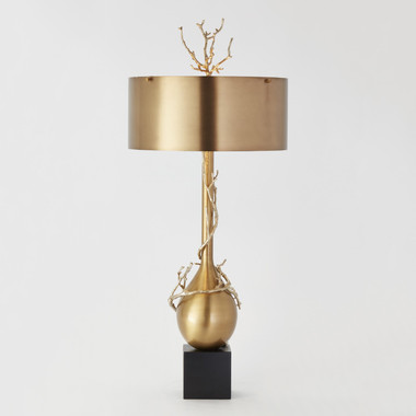 Overall 40"H x 17"Dia. (31.5 lbs)
Shade 7.5"H x 17"Dia.
Base 7.5"L x 7.5"W x 40"H

Holds two 60W "A" bulbs
8' clear gold cord, switch on cord
White perforated metal diffuser
UL listed
Brass
Dust with dry cloth
Round drum brass finished steel shade
