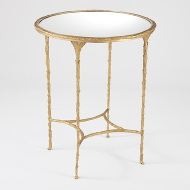 Overall 25"H x 21"Dia. (24 lbs)
Leg 17"H
Distance from floor to middle bars 6"H

Table Top Weight Limit - 16 lbs
MDF
Burnished Brass
Dust with dry cloth, clean mirror with glass cleaner
Brass tables will be light in color and age to a beautiful antique brass finish over time.
