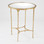 Overall 25"H x 21"Dia. (24 lbs)
Leg 17"H
Distance from floor to middle bars 6"H

Table Top Weight Limit - 16 lbs
MDF
Burnished Brass
Dust with dry cloth, clean mirror with glass cleaner
Brass tables will be light in color and age to a beautiful antique brass finish over time.